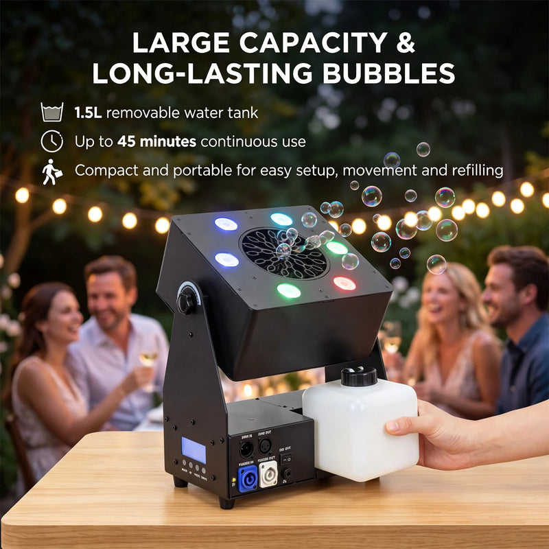 Machine à bulles de scène 90 W – réservoir amovible de 1,5 L et utilisation jusqu'à 45 minutes