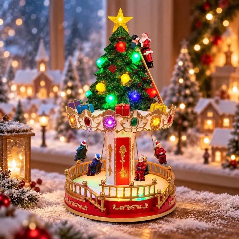 Carrousel de Noël musical et lumineux avec sapin et Père Noël, 34 cm, à piles