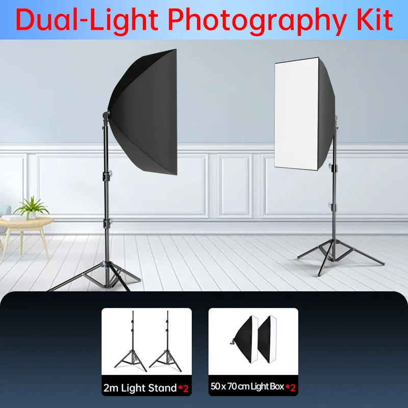Kit studio photo softbox 50x70 cm, pied 2m, 1 à 3 lumières