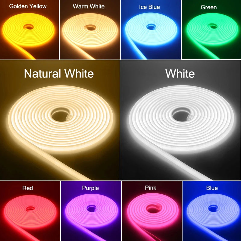 Ruban LED néon extérieur IP67 220 V à variateur – couleurs disponibles : jaune, blanc chaud, bleu glacier, vert, blanc, rouge, violet, rose et bleu