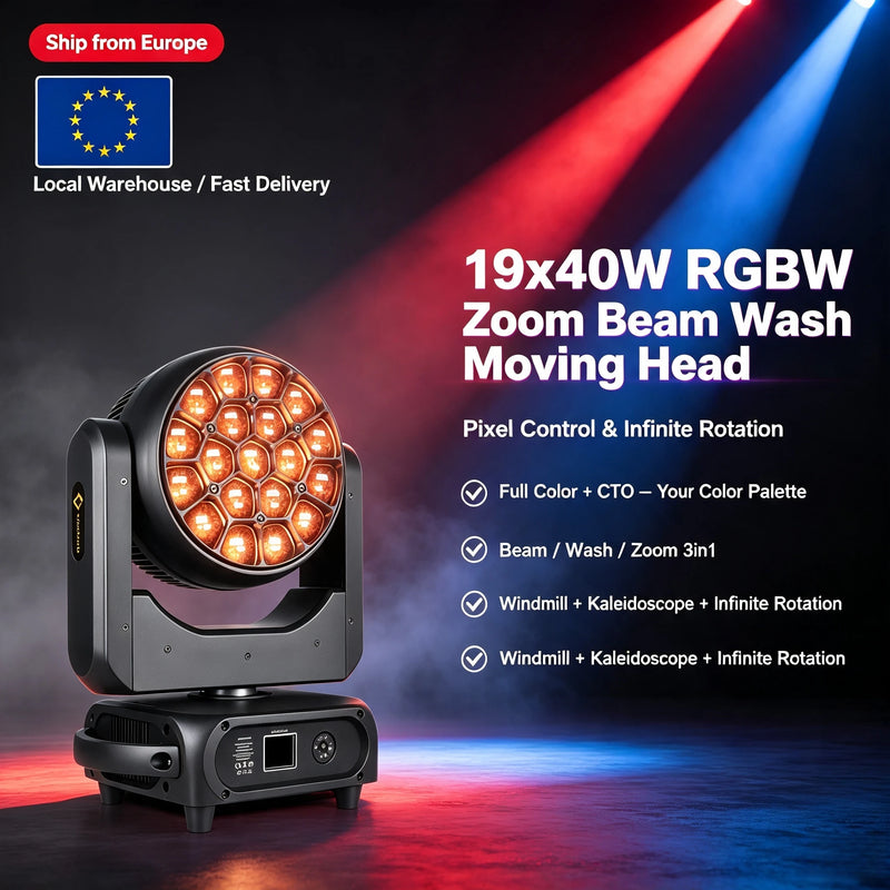 Lyre LED œil d'abeille 19 x 40 W RGBW, zoom 3° à 60°, à l'unité ou par lot