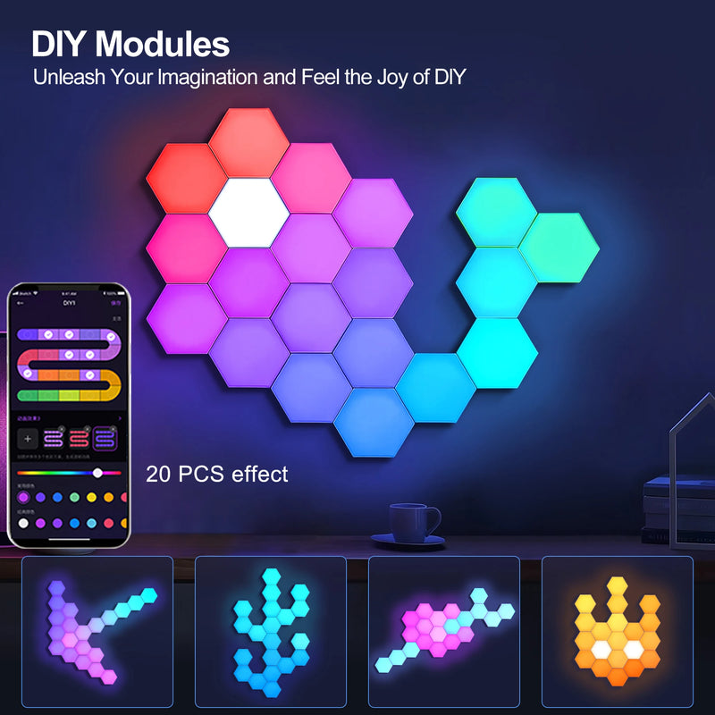 Panneaux LED hexagonaux muraux – compositions réalisables avec 20 panneaux