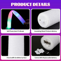 Bâtons lumineux en mousse – détails : mousse souple, feuille isolante, surface blanche, pile remplaçable
