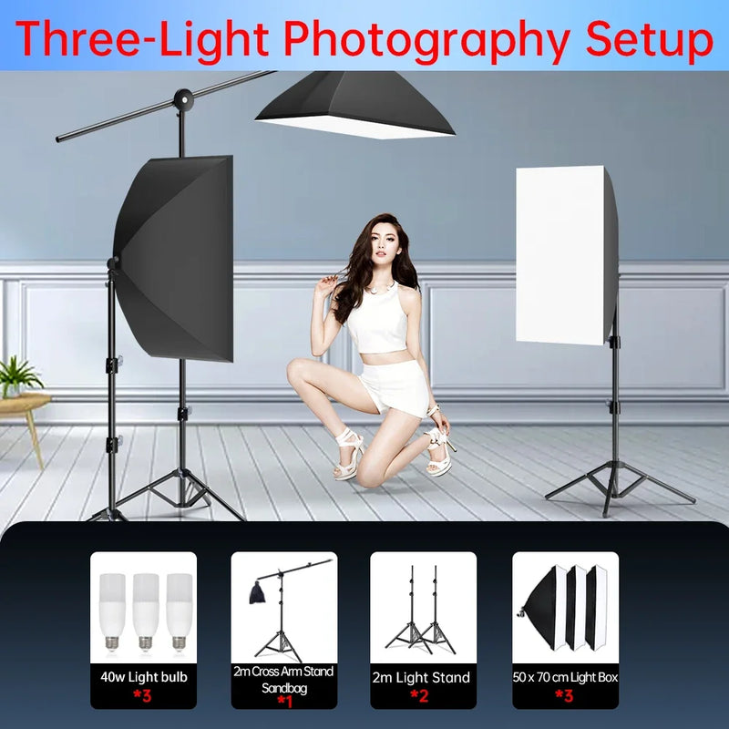 Kit studio photo softbox 50x70 cm, pied 2m, 1 à 3 lumières