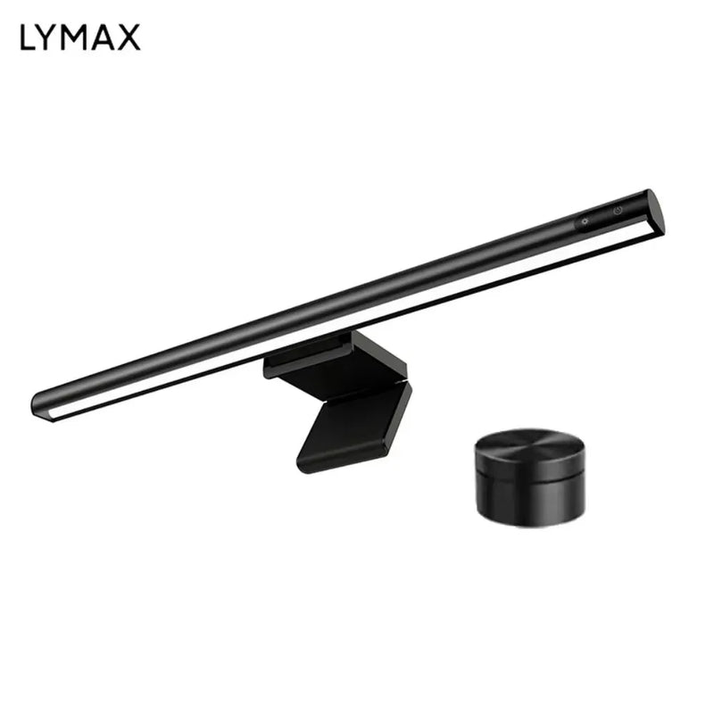 Barre lumineuse pour moniteur – barre noire et sa fixation sur fond blanc, avec une télécommande ronde à côté