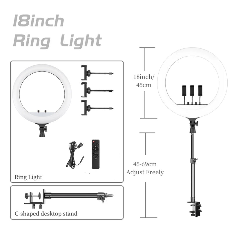 Ring light LED 45-48 cm, trépied au choix, 3 supports téléphone