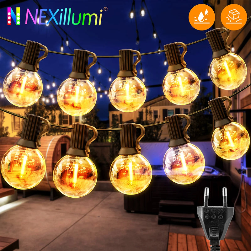 Guirlande guinguette G40 – ampoules allumées au-dessus d'une terrasse, prise européenne