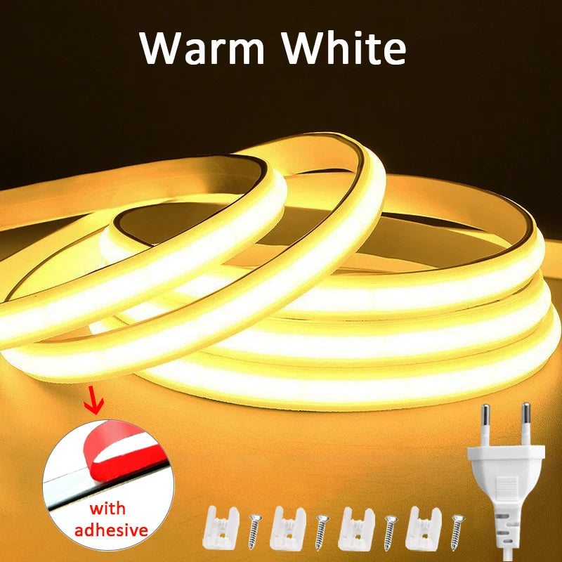 Bande LED COB 220 V – blanc chaud avec prise européenne, adhésif et clips de fixation