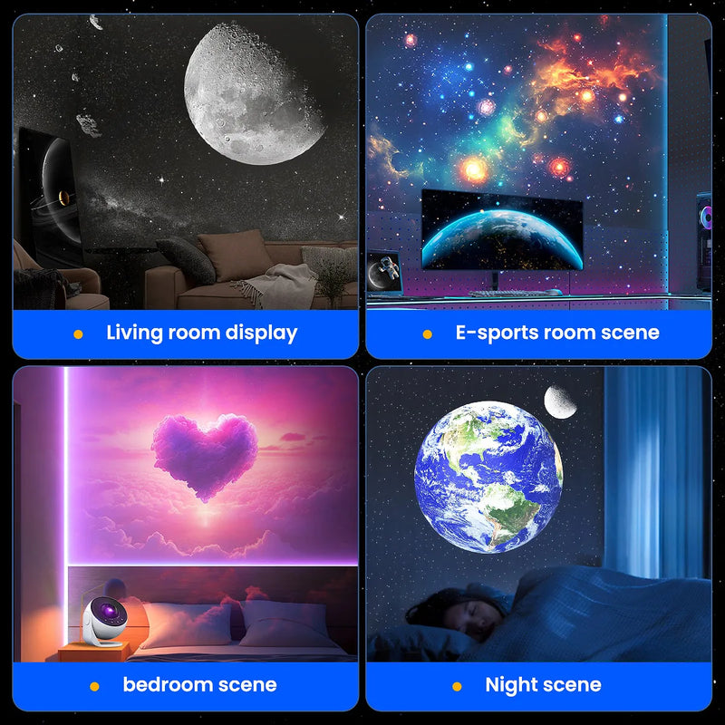 Projecteur galaxie globe Pro – scènes d'utilisation : salon, salle de jeux vidéo, chambre et nuit