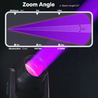 Lyre beam 295 W, faisceau de 2,2°, 14 gobos, 14 couleurs, prismes 8+48, DMX 16 canaux
