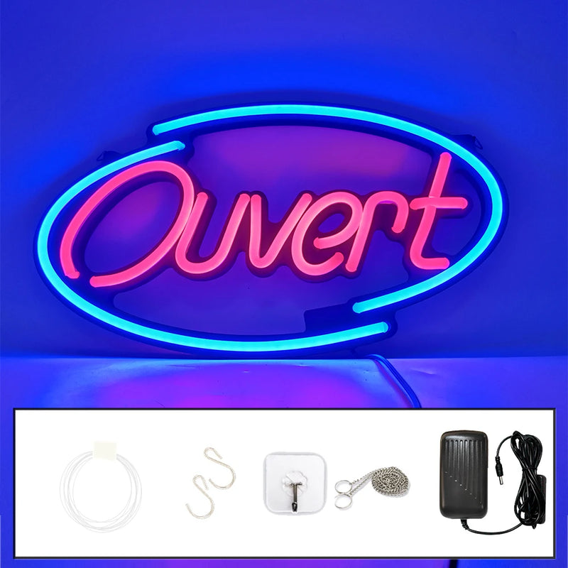 Panneau lumineux ouvert multilingue – ovale Ouvert rouge, cadre bleu