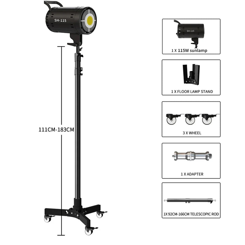 Pied de lumière au sol – pied de 111 à 183 cm avec lampe de studio 115 W et contenu de la formule