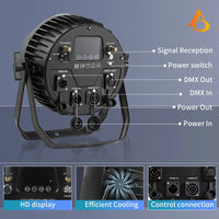 Projecteur PAR LED sur batterie IP65 – connecteurs DMX et d'alimentation et refroidissement
