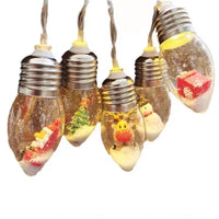 Guirlande sapin lumineuse boules à neige – ampoules à figurines : renne, sapin, bonhomme de neige et cadeau, sur fond blanc