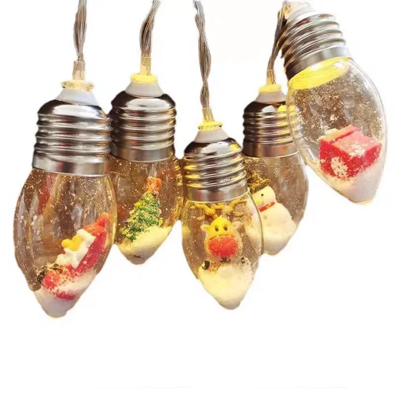 Guirlande sapin lumineuse boules à neige – ampoules à figurines : renne, sapin, bonhomme de neige et cadeau, sur fond blanc