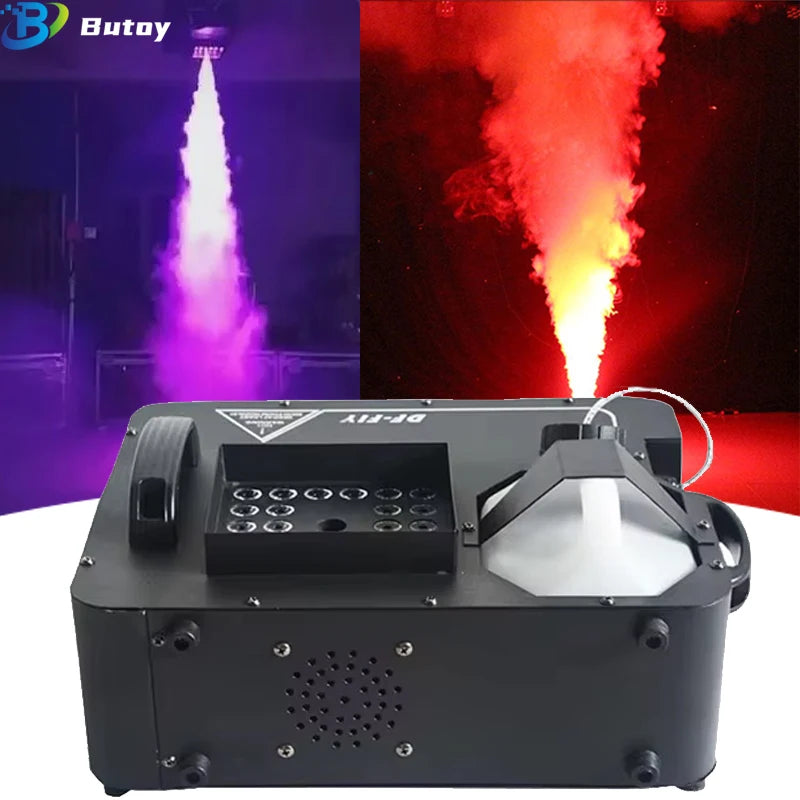 Machine à fumée verticale 24 LED RGB – machine posée avec jets de brouillard violet et rouge