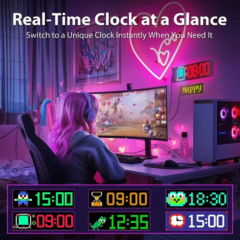 Panneau LED matriciel flexible – affichage de l'heure sur un bureau de gaming