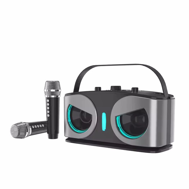 Enceinte karaoké à effets de voix – version noir et gris métal avec ses 2 micros