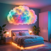 Nuage lumineux DIY – nuage multicolore au-dessus d'un lit dans une chambre