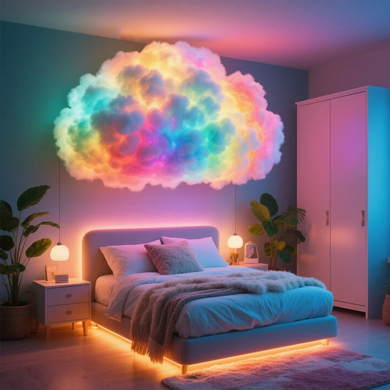 Nuage lumineux DIY – nuage multicolore au-dessus d'un lit dans une chambre