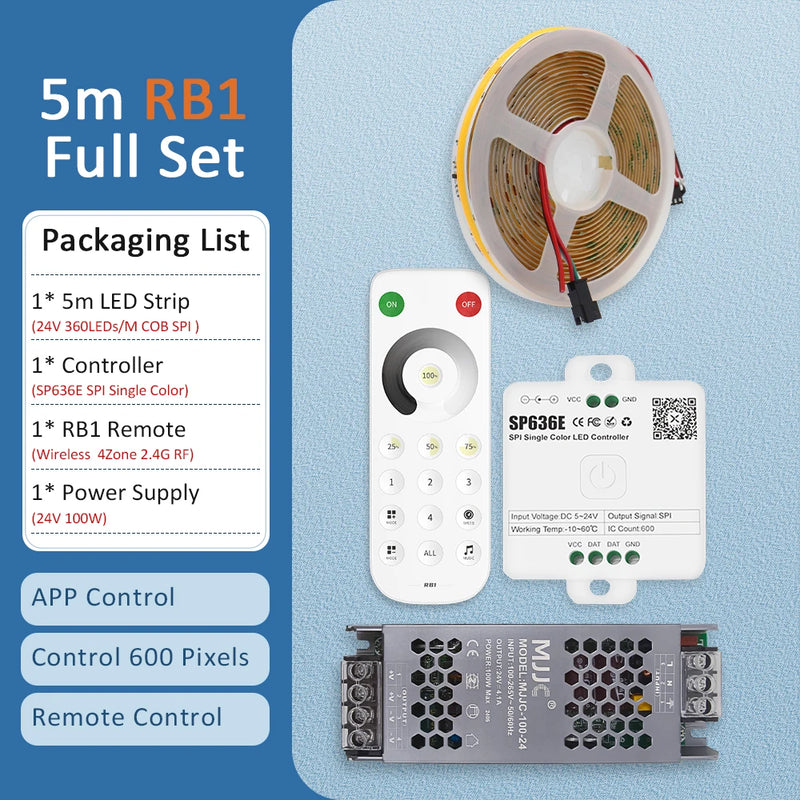 Ruban LED COB 24 V – contenu du kit de 5 m avec télécommande tactile