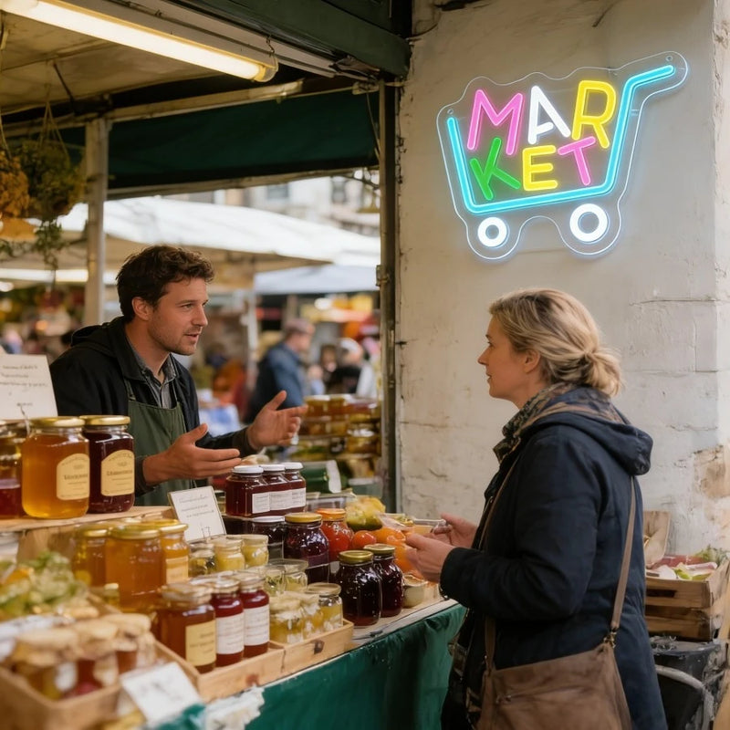 Enseigne néon MARKET chariot de courses – au-dessus d'un stand de pots de miel sur un marché