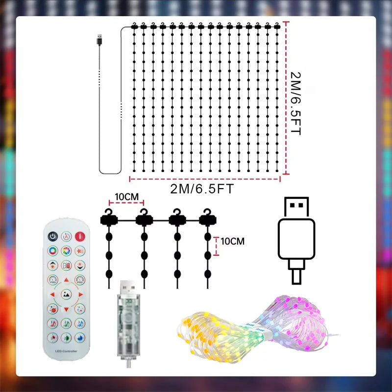 Rideau lumineux étanche à motifs DIY, 400 LED, application et musique