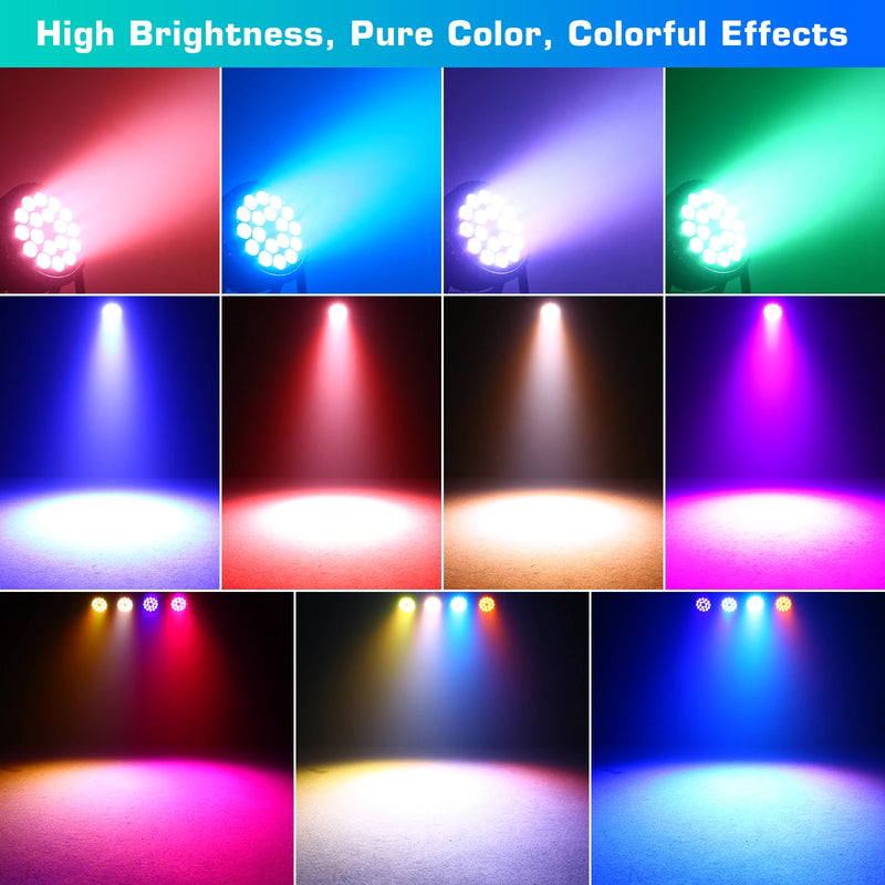 Pack de 2 projecteurs PAR LED 180 W – faisceaux rouge, bleu, violet, vert et blanc projetés sur un mur et au sol