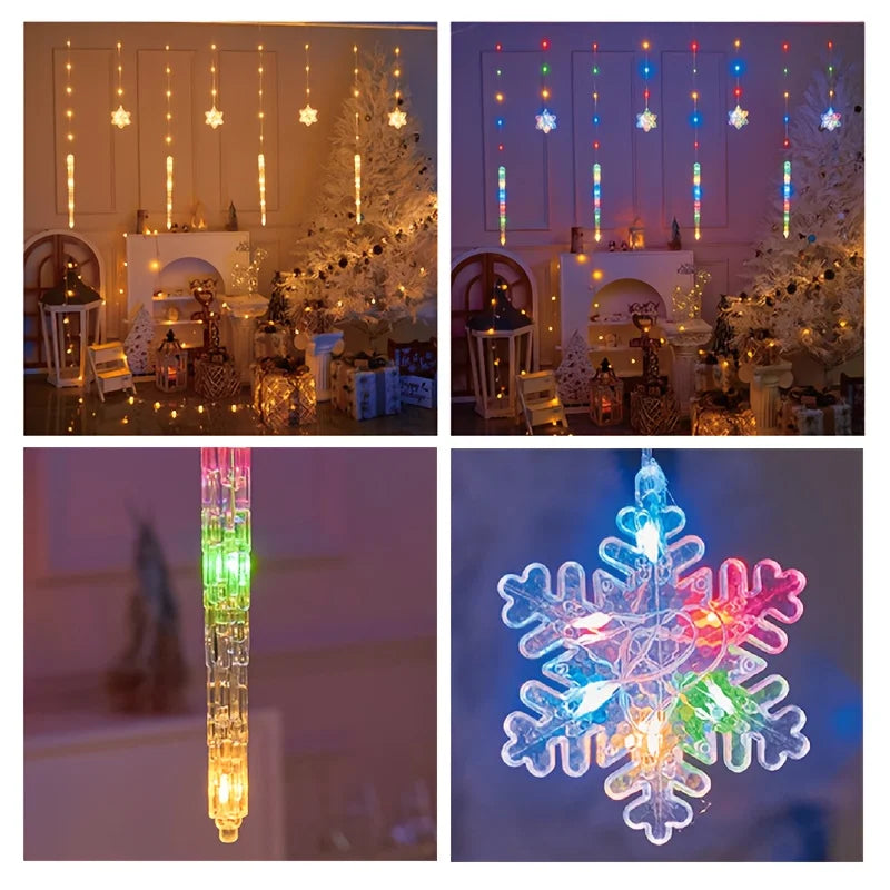 Rideau lumineux flocons et glaçons de Noël – détail d'un glaçon et d'un flocon multicolores