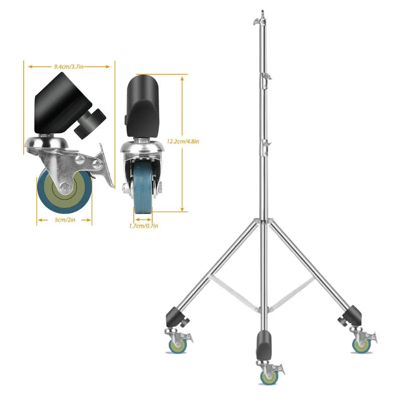Pied de lumière inox – pied inox de 2,8 m sur roulettes, détails des roulettes