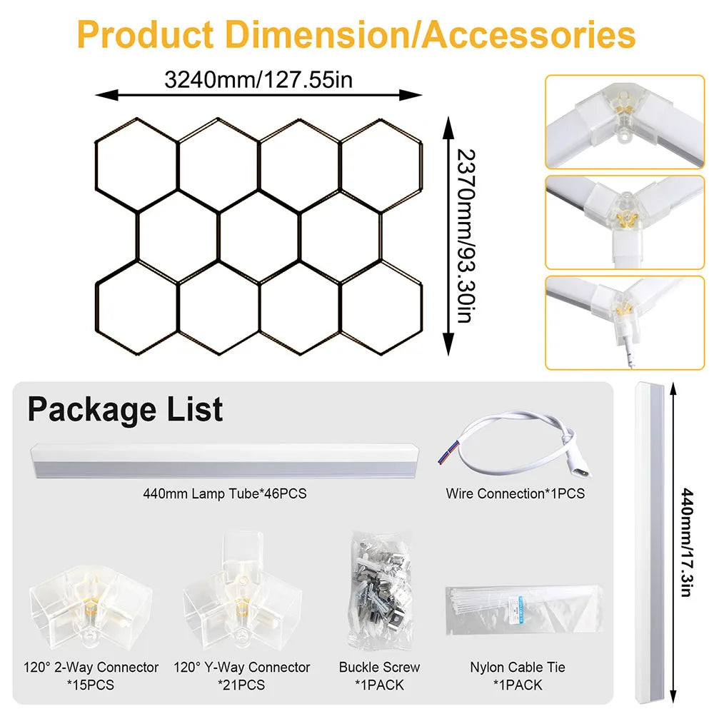 Plafonnier LED hexagonal garage blanc 6500 K, 1 à 14 hexagones