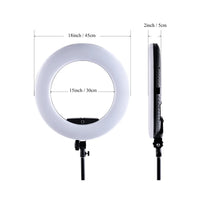 Ring light 45 cm bicolore – dimensions : 45 cm de diamètre extérieur, 30 cm à l'intérieur, 5 cm d'épaisseur