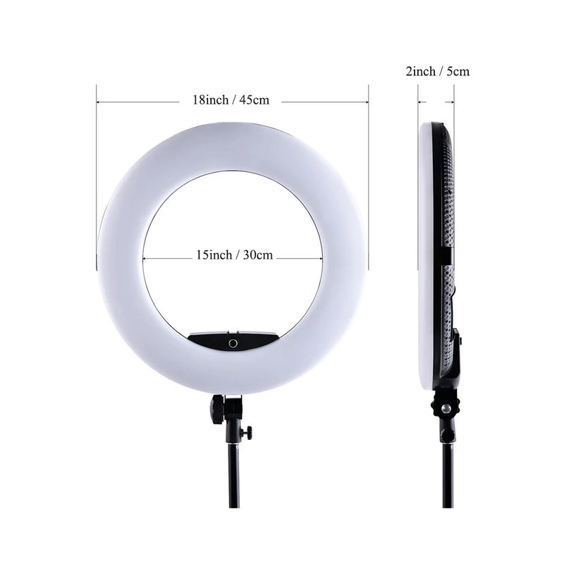 Ring light 45 cm bicolore – dimensions : 45 cm de diamètre extérieur, 30 cm à l'intérieur, 5 cm d'épaisseur