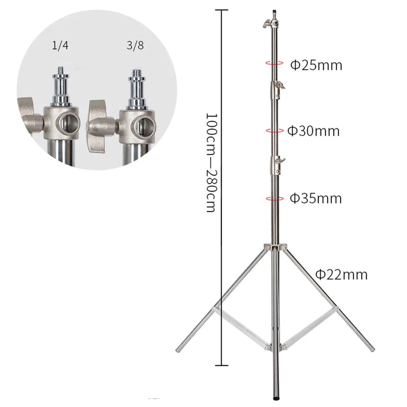 Trépied lumière inox pliable de 2 à 3,2 m, roulettes, bras de perche ou plateau au choix