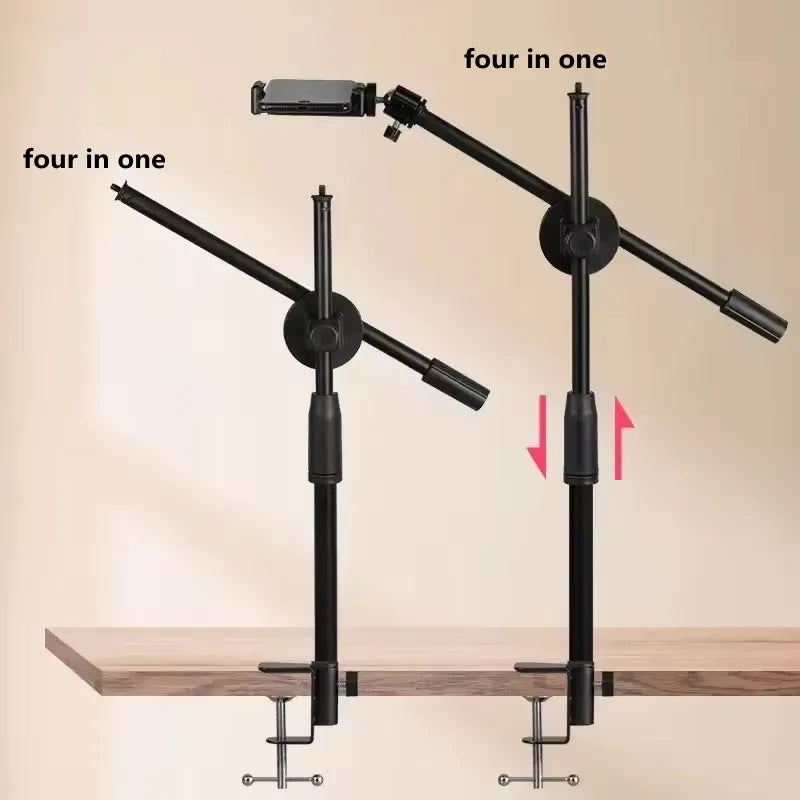 Support de table à bras pivotant – deux positions du bras au-dessus d'un plateau, avec support de téléphone