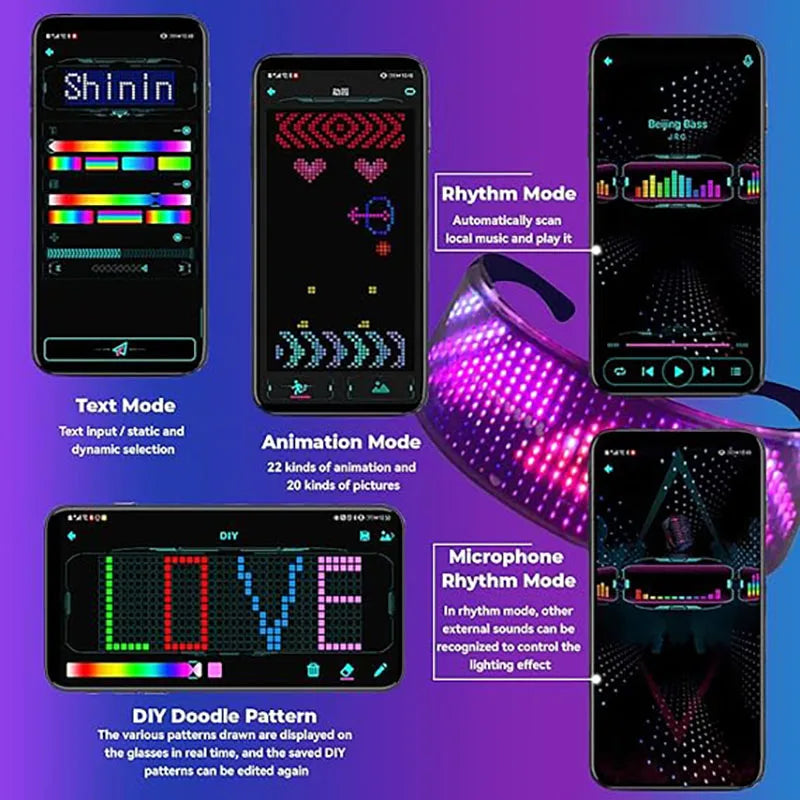 Lunettes LED programmables par application Bluetooth, 432 LED RGB, rechargeables USB