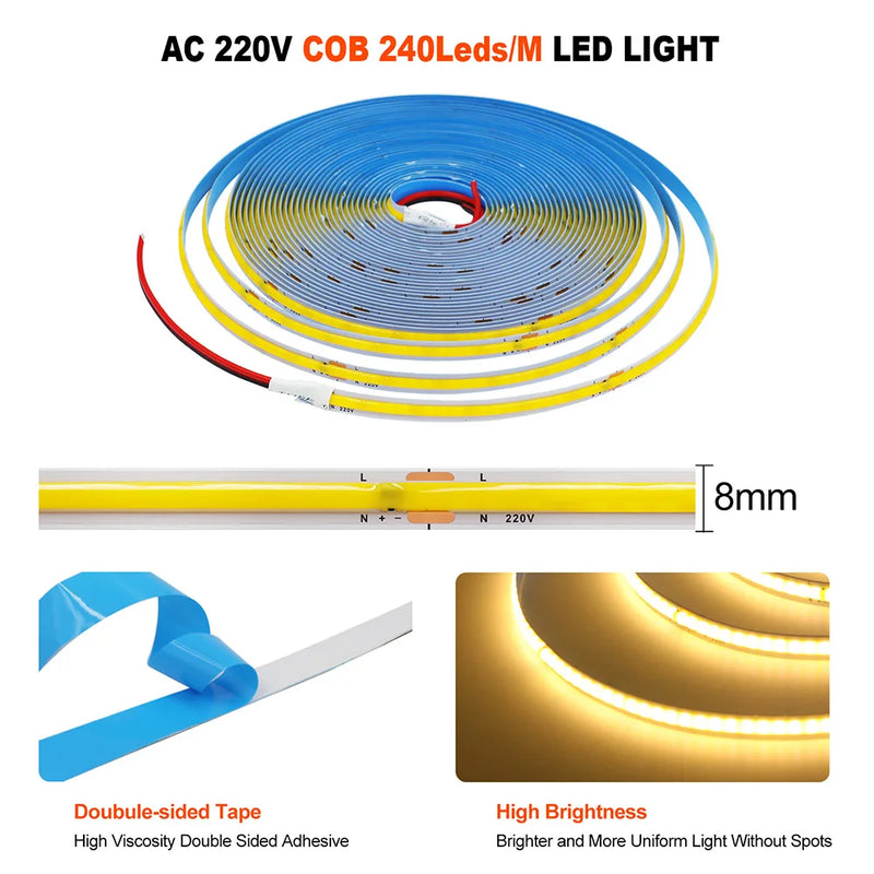 Bande LED COB 220 V – rouleau et largeur du circuit de 8 mm