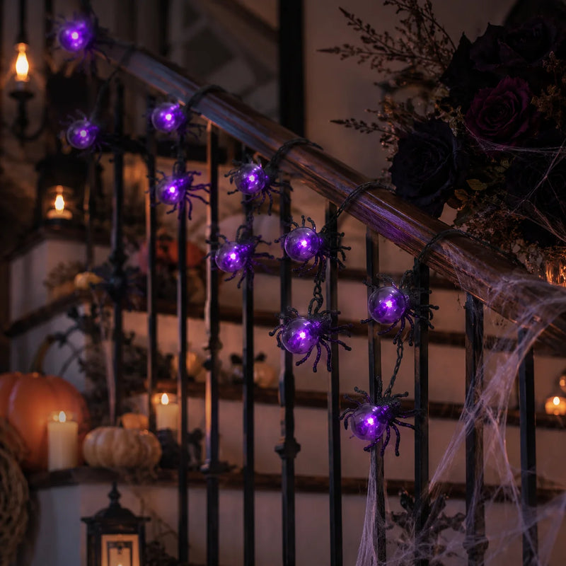 Guirlande lumineuse Halloween araignées violettes, à piles, 5,2 m