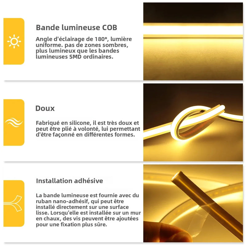 Ruban LED 220 V silicone ignifuge – ruban COB souple et installation adhésive