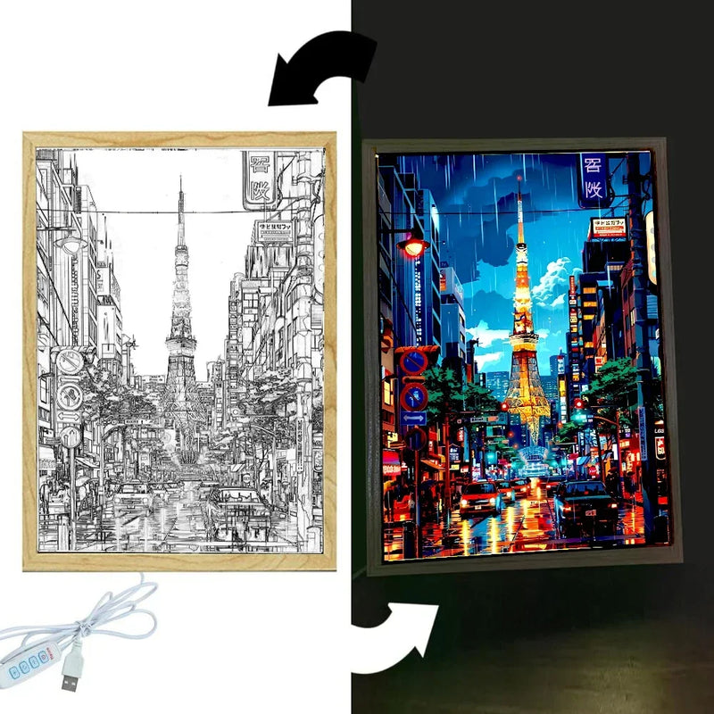 Cadre lumineux Tokyo – motif de la tour, dessin au trait éteint et image en couleurs allumée