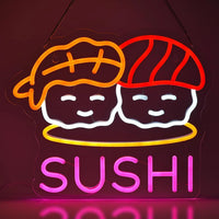 Enseigne néon sushi – modèle deux sushis souriants avec SUSHI rose
