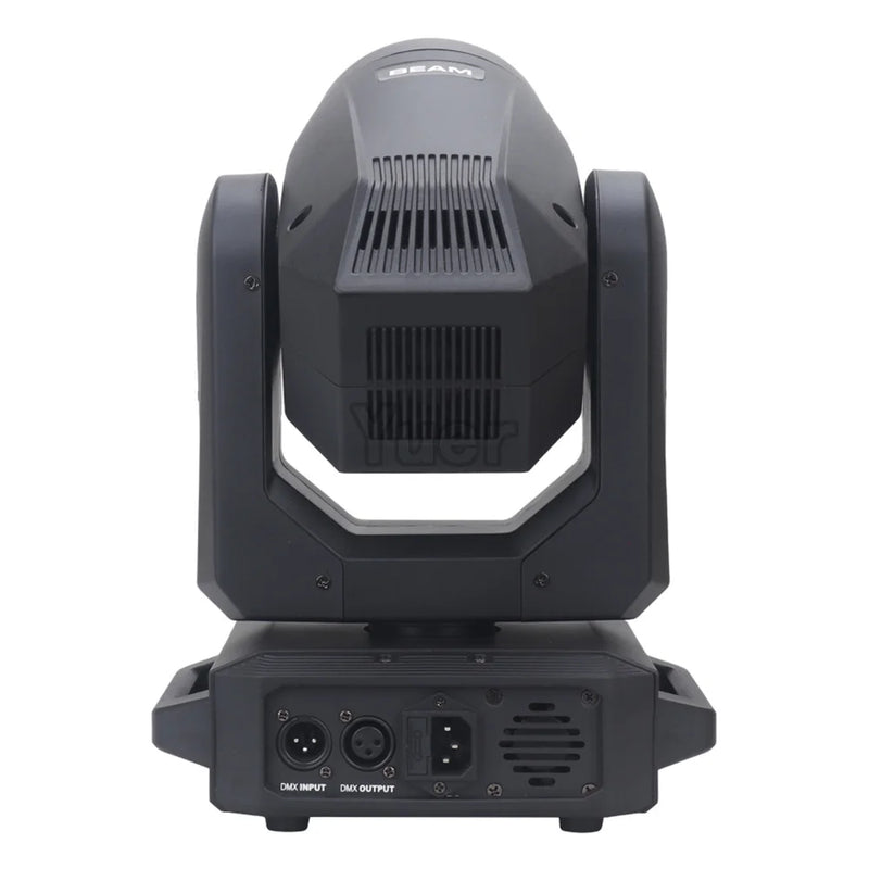 Lyre LED beam 180 W ou 200 W – vue arrière de la tête avec ouïes de ventilation et prises DMX