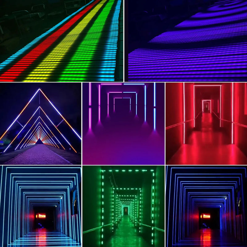Barres LED pixel RGB 100 cm – exemples d'effets : escaliers, tunnels et couloirs lumineux