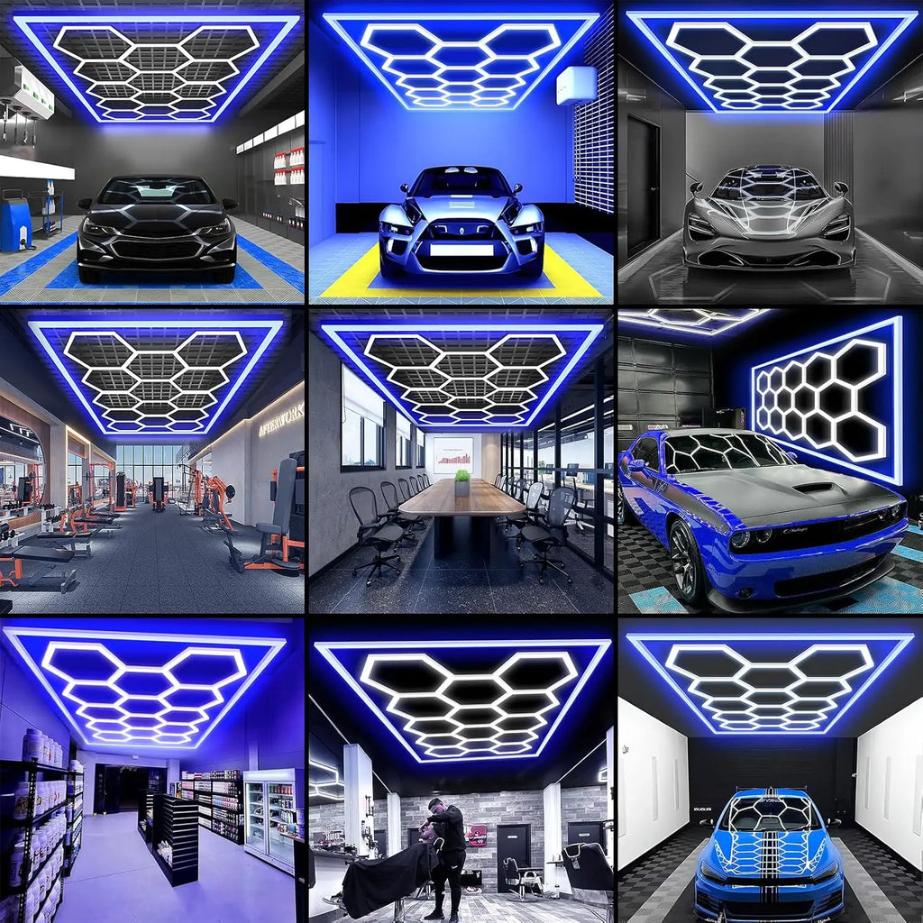 Éclairage LED hexagonal garage 14 hexagones 672 W, cadre couleur au choix