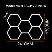 Éclairage LED hexagonal – schéma 5 hexagones en grappe, 241 x 170 cm