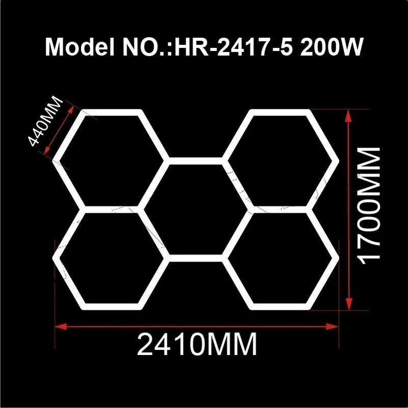 Éclairage LED hexagonal – schéma 5 hexagones en grappe, 241 x 170 cm