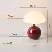 Lampe champignon en céramique – pied bordeaux et abat-jour en verre