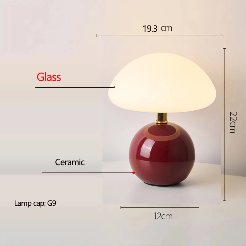 Lampe champignon en céramique – pied bordeaux et abat-jour en verre