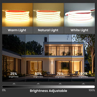 Ruban LED extérieur 220 V COB IP65 – trois blancs et variation de 25 à 100 % sur une façade