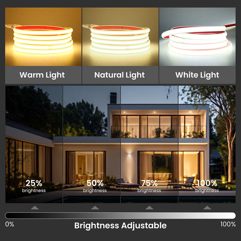 Ruban LED extérieur 220 V COB IP65 – trois blancs et variation de 25 à 100 % sur une façade